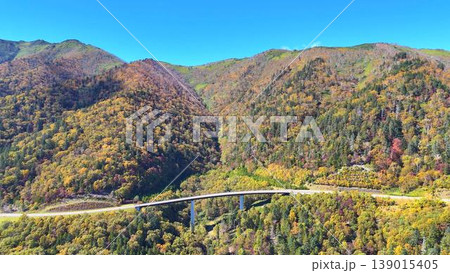 【空撮】錦秋の山肌と大樹海！深い谷に架かる三国峠の橋梁と北海道の大自然 139015405
