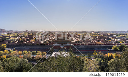 High angle panoramic view of the Forbidden City in Beijing from the North gate with morning sun High angle panoramic view of the Forbidden City in Beijing from the North gate with morning sun 139015939