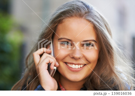 Phone call, portrait and happy woman outdoor, listening to news and communication with contact. Smile, conversation and face of person on mobile smartphone technology, discussion or online connection 139016036