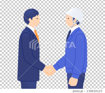 An illustration of a businessman in a suit shaking hands with a construction worker; a profile image of the people representing a cooperative relationship. An illustration of a businessman in a suit shaking hands with a construction worker; a profile image of the people representing a cooperative relationship. 139016125