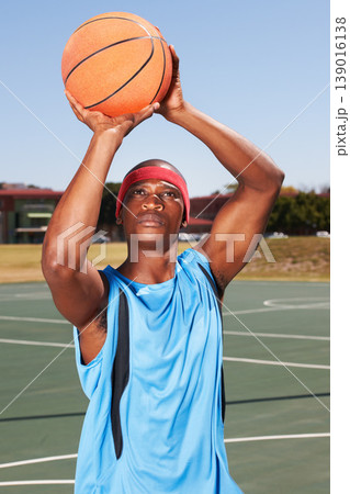 Basketball, player and shoot on outdoor court for fitness challenge or sports train for game, match as athlete. Black man, score point for summer goal dunk or competition winner, cardio or confident 139016138