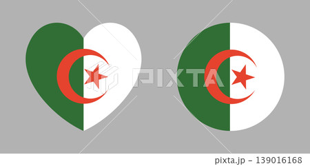 Algeria Flag circle, heart shaped badge, sticker. National round, heart Algeria flag icon, button. Set of African Country flag banner, background.  139016168