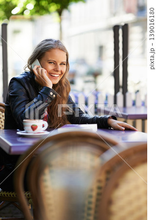 Portrait, happy woman and phone call for communication, outside or cafe in Paris, travel or trip. Young, person or student with mobile for holding, conversation and talk with laugh for funny joke Portrait, happy woman and phone call for communication, outside or cafe in Paris, travel or trip. Young, person or student with mobile for holding, conversation and talk with laugh for funny joke 139016180