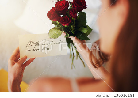 Woman, roses and note with gift in bedroom on birthday, celebration and valentines day event in home. Girl, reading letter and back with bouquet, flowers and invitation with announcement in house Woman, roses and note with gift in bedroom on birthday, celebration and valentines day event in home. Girl, reading letter and back with bouquet, flowers and invitation with announcement in house 139016181