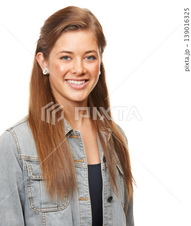 Woman, denim jacket and smile in studio portrait for confidence, isolated or style by white background. Modern hipster girl, edgy fashion model or happy for trendy retro clothes with pride in Ireland Woman, denim jacket and smile in studio portrait for confidence, isolated or style by white background. Modern hipster girl, edgy fashion model or happy for trendy retro clothes with pride in Ireland 139016325