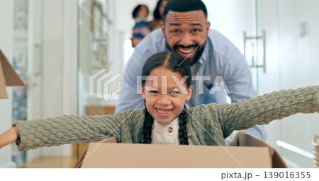 Father, daughter and playing in box of new home with happiness, fun and bonding for relocation in hallway. Family, man and girl kid in cardboard for celebration or freedom in real estate or apartment Father, daughter and playing in box of new home with happiness, fun and bonding for relocation in hallway. Family, man and girl kid in cardboard for celebration or freedom in real estate or apartment 139016355