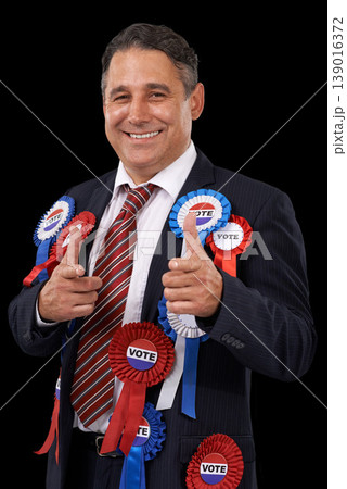 Man, vote and finger gun with ribbon, usa and politician for support, politics and dark background. Elections, patriotic and representative for party, registration and democracy for voting register 139016372