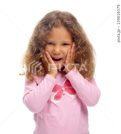 Excited, child and portrait of girl with surprise, news and announcement in white background or studio. Wow, shocked and kid with emoji reaction to giveaway, winning or celebration of competition Excited, child and portrait of girl with surprise, news and announcement in white background or studio. Wow, shocked and kid with emoji reaction to giveaway, winning or celebration of competition 139016379