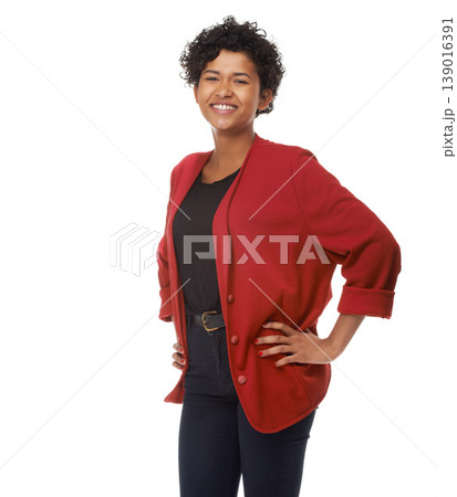 Woman, smile and confidence in portrait, studio and cool fashion or clothing by white background. Mexican female person, trendy and stylish or positive mindset, happy and hands on hips in mockup 139016391