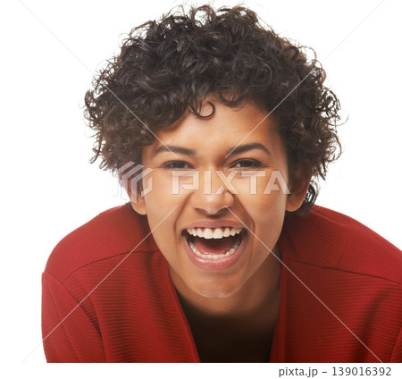 Happy woman, laughing and face in portrait, studio and funny joke or comedy by white background. Female person, silly and humor or goofy, comic and positive mindset or excited, smile and mockup Happy woman, laughing and face in portrait, studio and funny joke or comedy by white background. Female person, silly and humor or goofy, comic and positive mindset or excited, smile and mockup 139016392