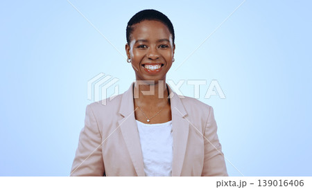 Portrait, business woman and smile in studio for paralegal job, pride and confident lawyer isolated on blue background. Happy african attorney working with trust for professional career in Nigeria 139016406