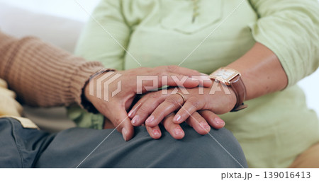 Care, holding hands or old couple with support, trust or hope in marriage commitment or retirement. Zoom, comfort or senior man bonding to relax with an elderly woman on anniversary for love in home Care, holding hands or old couple with support, trust or hope in marriage commitment or retirement. Zoom, comfort or senior man bonding to relax with an elderly woman on anniversary for love in home 139016413