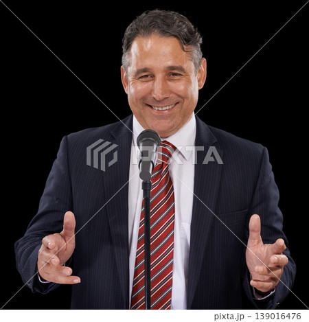 Microphone, speech and business man on black background for presentation, speaker and seminar. Professional, public speaking and worker talking for conference, tradeshow and communication in studio Microphone, speech and business man on black background for presentation, speaker and seminar. Professional, public speaking and worker talking for conference, tradeshow and communication in studio 139016476