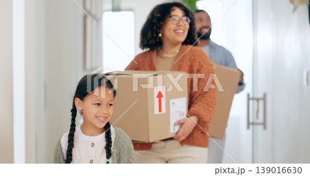 Happy family with boxes, moving and new home with property mortgage, future opportunity and security. Mother, father and child together in apartment, real estate investment and cardboard box in house Happy family with boxes, moving and new home with property mortgage, future opportunity and security. Mother, father and child together in apartment, real estate investment and cardboard box in house 139016630