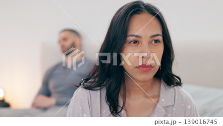 Bed, ignore and couple with stress, thinking and conflict with divorce, anxiety or crisis with commitment doubt. Home, bedroom or man with woman, argue or bad marriage with relationship issue or sad 139016745