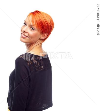 Woman, smile and redhead with fashion, face and stylish for cool, trendy and edgy hairstyle. Punk, over the shoulder and happy with body language, funky and youth on white background with short hair 139016747