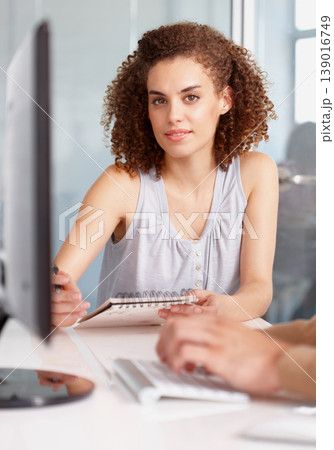 Business woman, notepad and portrait in office, collaboration and training or writing, notebook or face. Female person, planning and strategy or vision, agenda and teamwork on project, pc and tech 139016749