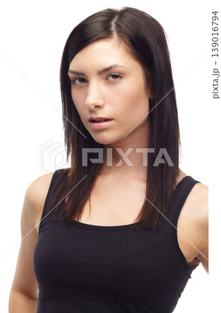 Woman, confident and portrait for fashion, trendy style and haircare in studio mockup. Young model, face or english with cool attitude, relax wellness or gen z aesthetic in glow by white background Woman, confident and portrait for fashion, trendy style and haircare in studio mockup. Young model, face or english with cool attitude, relax wellness or gen z aesthetic in glow by white background 139016794