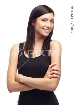 Woman, smile or portrait with arms crossed, positive or pride mindset for studio mockup. Young model, face and happy attitude with calm, relax wellness and company in about us by white background Woman, smile or portrait with arms crossed, positive or pride mindset for studio mockup. Young model, face and happy attitude with calm, relax wellness and company in about us by white background 139016828