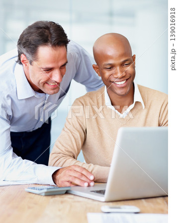 Business people, teamwork and laptop for accounting, planning budget and manager advice, support or help. Mature accountant, audit advisor and boss or men on computer for feedback on financial report 139016918