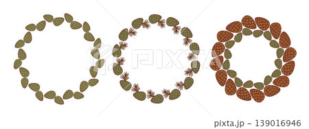 Pine Cone Wreaths Set. Forest Circular Frames Made Of Brown And Green Cones. Vector Illustration. Isolated Round Border with Empty Copy Space. Natural Home Decor. Eco-Friendly Product Emblem. 139016946