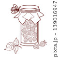Outline Small Rustic Glass Jar Of Raspberry Jam. Homemade Natural Preserve With Craft Paper Lid, Fresh Berries and Leaf. Summer Fruit Food. Line drawing, coloring page. Vector Illustration. 139016947