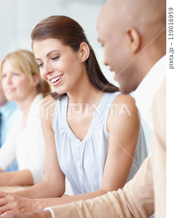 Woman, team and smile in business meeting, office and collaboration or teamwork, workshop and seminar. Happy people, confidence and positive mindset at company, future and growth or face in boardroom Woman, team and smile in business meeting, office and collaboration or teamwork, workshop and seminar. Happy people, confidence and positive mindset at company, future and growth or face in boardroom 139016959