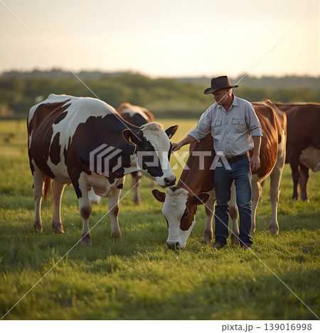 farmer feeding cows in open pasture 139016998