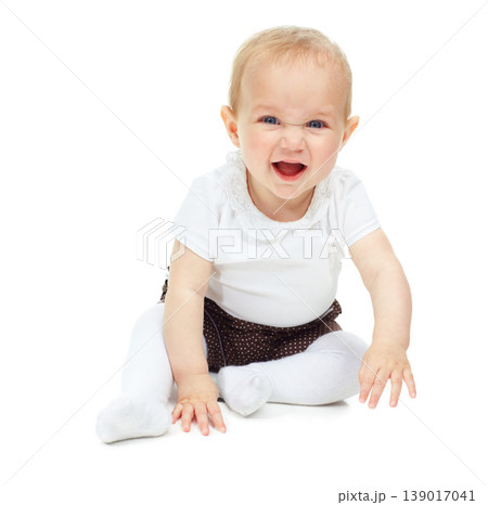 Excited, portrait of kid and baby on floor in studio isolated on a white background mockup space. Happy child, infant and cute blonde toddler or adorable newborn, healthy and funny laugh or smile Excited, portrait of kid and baby on floor in studio isolated on a white background mockup space. Happy child, infant and cute blonde toddler or adorable newborn, healthy and funny laugh or smile 139017041