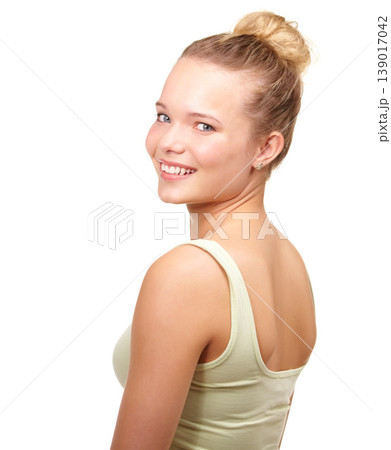 Teenager, portrait and happy in studio or natural beauty for gen z smile, mockup space on white background. Female person, model and face confident as positive look or good mood, clear skin or casual Teenager, portrait and happy in studio or natural beauty for gen z smile, mockup space on white background. Female person, model and face confident as positive look or good mood, clear skin or casual 139017042