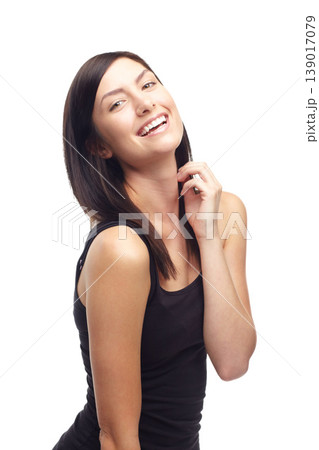 Happy woman, portrait and smile in fashion, style or clothing isolated against a white studio background. Face of attractive young female person or model posing in joy or satisfaction on mockup 139017079