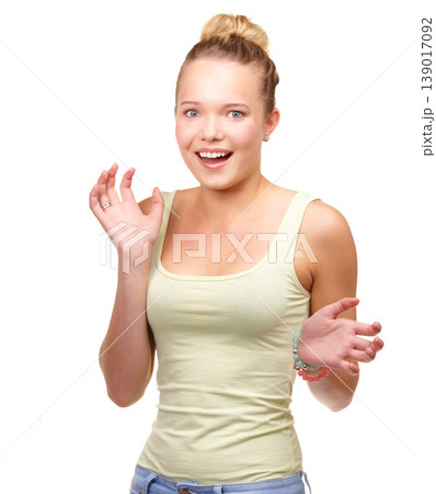 Woman, portrait and surprise hands in studio for excited shock for wow, announcement or information. Female person, model and face for omg good news or emoji expression, white background as mockup Woman, portrait and surprise hands in studio for excited shock for wow, announcement or information. Female person, model and face for omg good news or emoji expression, white background as mockup 139017092