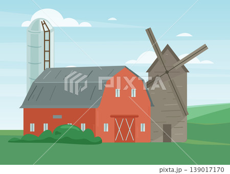 Farm Infrastructure Illustration with Barn Windmill and Silo Farm Infrastructure Illustration with Barn Windmill and Silo 139017170
