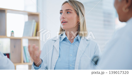 Hospital woman, meeting or doctors talking, planning or cooperation on medical support, clinic service or healthcare. Discussion, leader and team surgeon, nurse and medicine expert report group ideas 139017320
