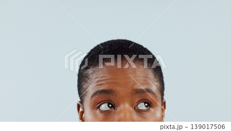 Idea, space and eyes with woman in studio for mockup, planning and opinion. Question, why and confused with closeup face of african person thinking on grey background for guide, remember and choice 139017506