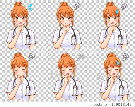 A set of anime-style illustrations of a worried nurse in a white coat (set of 2). A set of anime-style illustrations of a worried nurse in a white coat (set of 2). 139018145