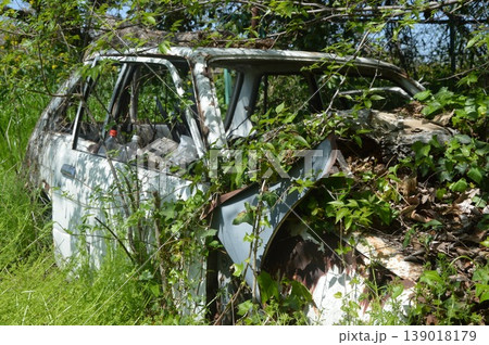 草木に覆われた放置車両(廃車、自然侵食、廃墟イメージ) 草木に覆われた放置車両(廃車、自然侵食、廃墟イメージ) 139018179
