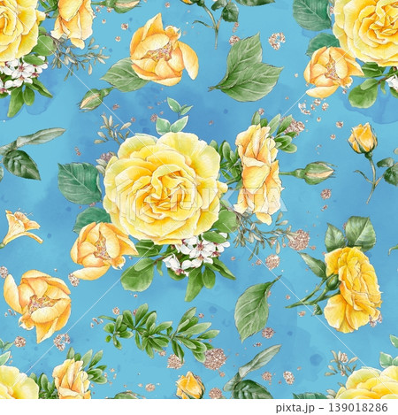 Watercolor illustration of a seamless pattern of delicate flowers and leaves, roses, and daisies. Hand-drawn. 139018286