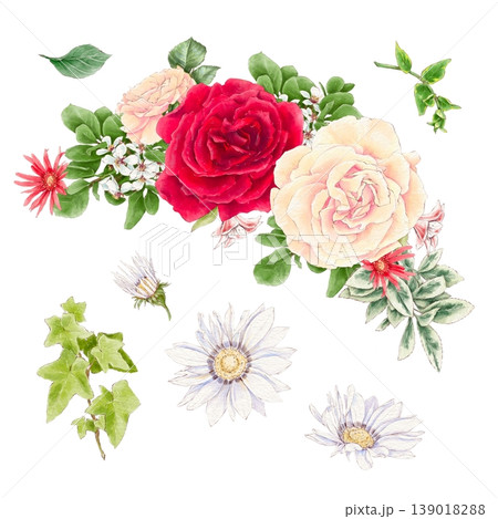 Watercolor illustration of a bouquet of delicate roses and other flowers, hand-drawn. 139018288