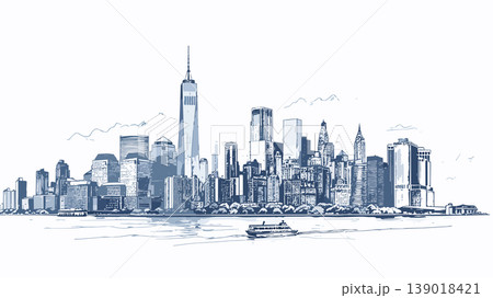 New york city skyline drawing with ferry boat New york city skyline drawing with ferry boat 139018421