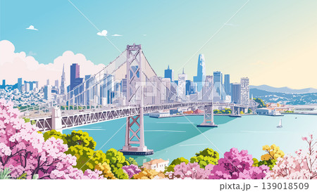 San francisco skyline with bay bridge during spring 139018509
