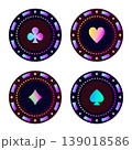 Neon round poker chips with different card suits, luminescent gradient vector set of four casino items for gambling 139018586