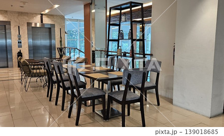 This is interior of cafe store with chair and table 139018685