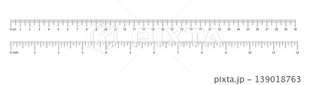 Collection of ruler scale 12 inch and 300mm with numbers. Set of measuring chart with 12 inches and 30 centimeters. Length measurement math, distance, Sewing tool. Ruler scale template.. 139018763