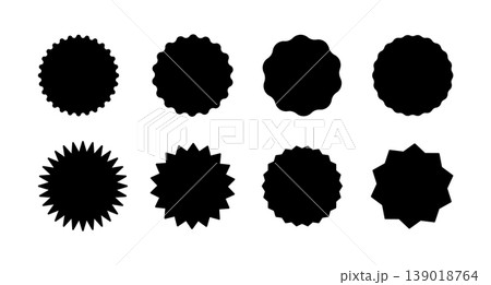 Black circle stickers. Star burst shape tag for price, shops. Wavy edge black promo badges. Vintage flat labels. Blank sale sticker collection, set. Simple silhouette. 139018764