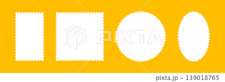 Backdrops for letters, postcards with empty borders. Coupons, label, tag, box with wavy perforated edges. Postage stamp frames template. Oval and rectangular blank vintage stamp. 139018765