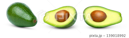 Whole Avocados and halves collection, set. Green bright avocado and half of avocado with seed isolated with clipping path. Whole Avocados and halves collection, set. Green bright avocado and half of avocado with seed isolated with clipping path. 139018992