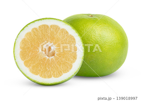Pomelit, pomelo, oroblanco fruit with half isolated. Fresh green citrus grapefruit sweetie with half of grapefruit sweetie. 139018997