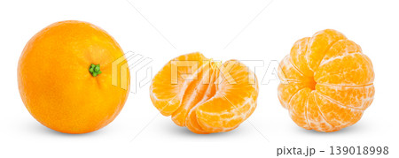 Collection of organic mandarin, tangerine or clementine fruit with green leaf and peeled mandarin, half of tangerine isolated. Clementines with clipping path. 139018998
