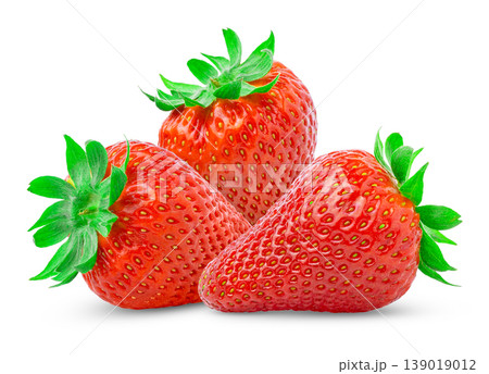 Three juicy ripe strawberries isolated on a white background. Red strawberry berry isolated. Three juicy ripe strawberries isolated on a white background. Red strawberry berry isolated. 139019012